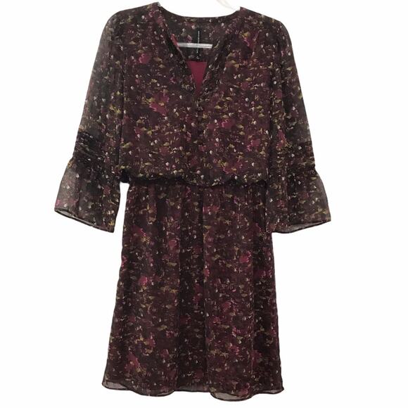 W118 by Walter Baker Red / Wine Multicolor V-Neck Bell Sleeve Lined Dress Small - Picture 1 of 10